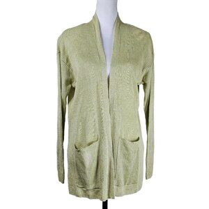 Eileen Fisher Green Organic Linen Cardigan Sz M Open Front Ribbed Beach (flawed)